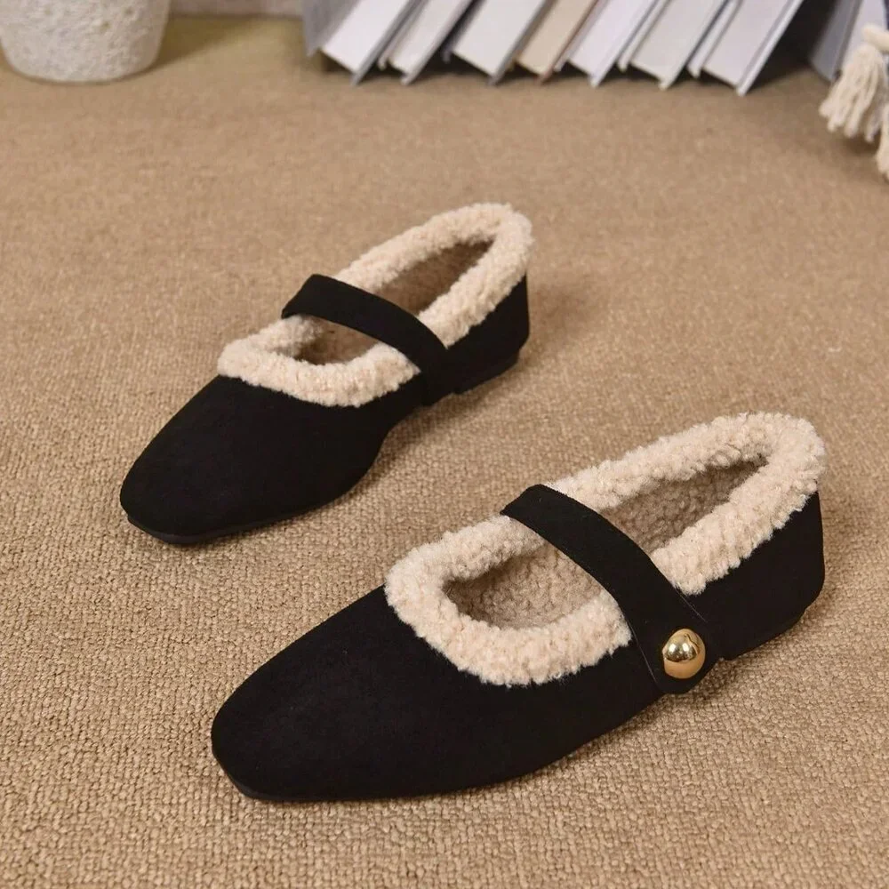 Black Elegant Women's Plus-Size Warm Thermal Lined Flat Shoes with Metal Buckle